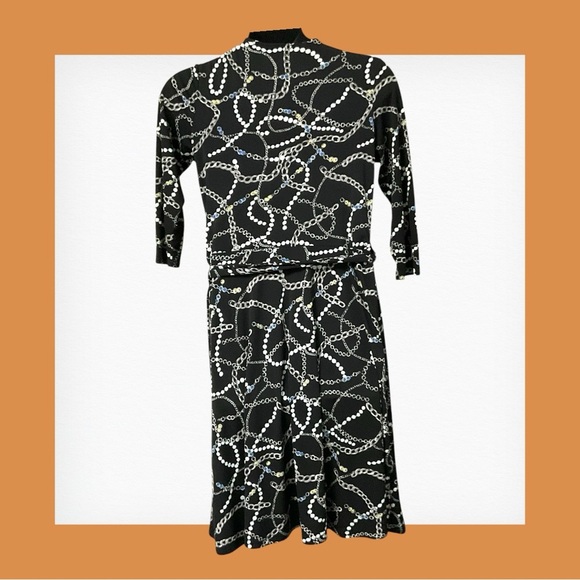 New York& Company Black White Wrap Dress SZ L‎ Women Geometric Career Church - Picture 3 of 7